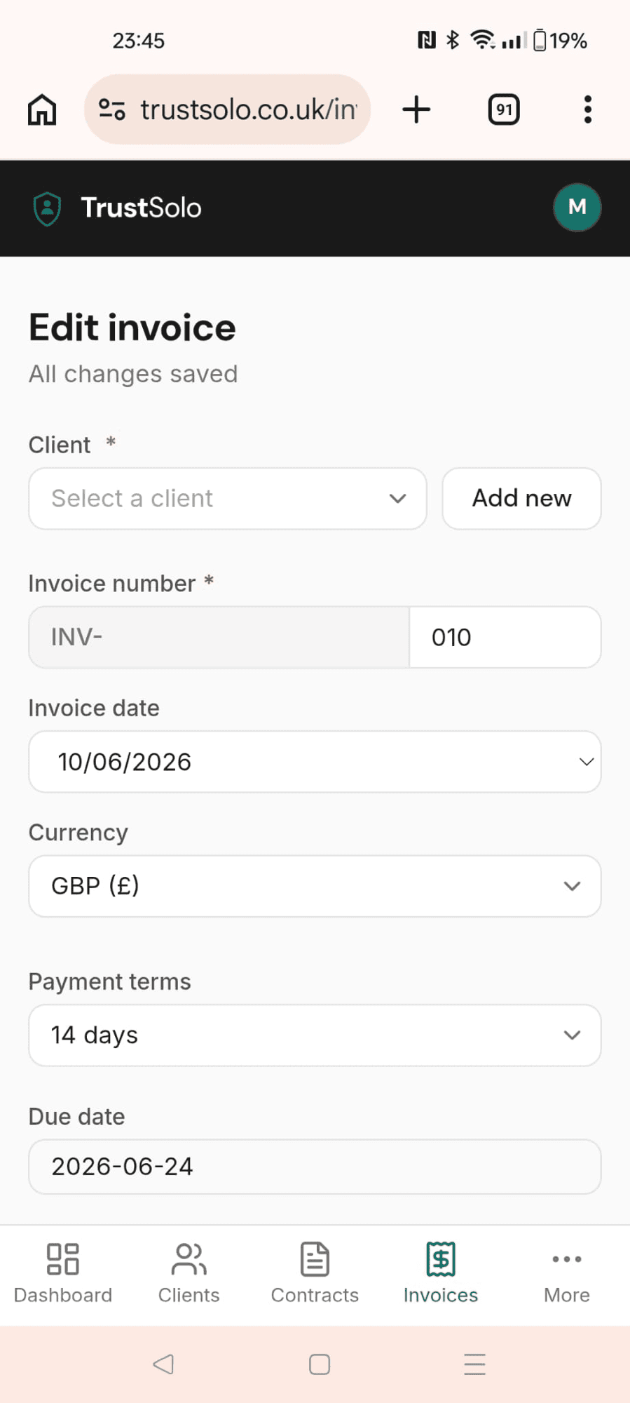 Creating an invoice on a phone